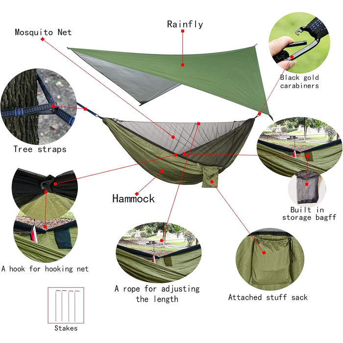 Набір гамаків для кемпінгу: гамак для одного/двох, москітна сітка, тент від дощу, міцний матеріал з парашутного полотна. Підходить для відпочинку на природі, піших прогулянок, кемпінгу та подорожей (зелений)