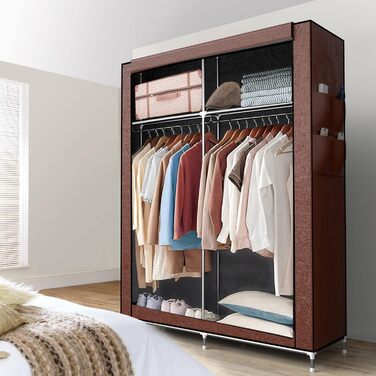INTIRILIFE Folding Wardrobe 108x170x45 cm - Fabric wardrobe with zipper and clothes rail, side pocket and compartments - shelf, metal frame, storage (Coconut Brown)