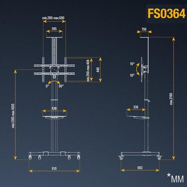 Мобільна підставка для телевізора RICOO FS0364 40-85 дюймів, на колесах, регульована по висоті, VESA 600x400, до 50 кг