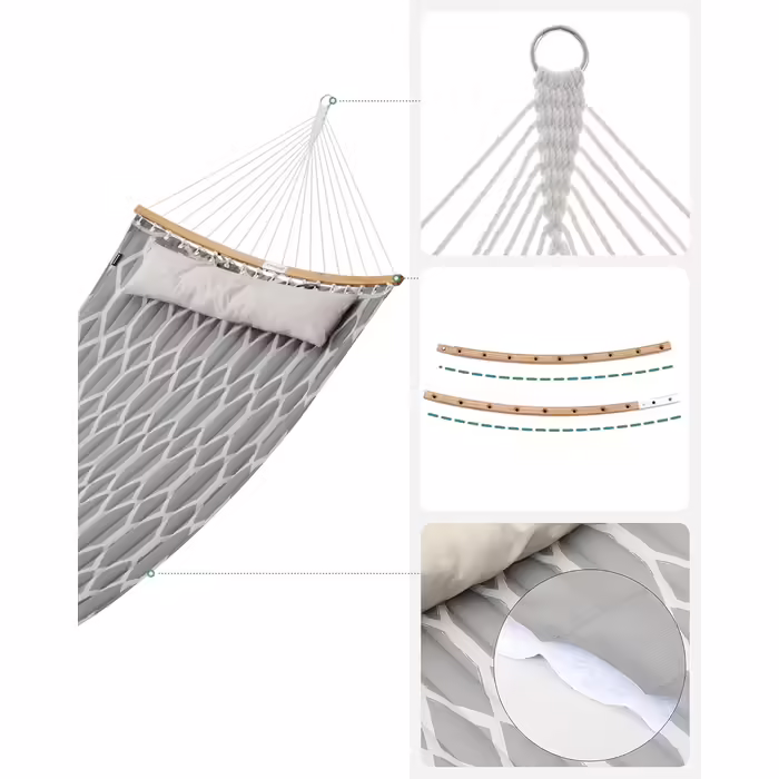 SONGMICS Hammock, Padded, Quilted, with Detachable Curved Bamboo Poles, with Headrest, 200 x 140 cm, Supports up to 225 kg, Gray and Beige Diamond Pattern GDC034G02