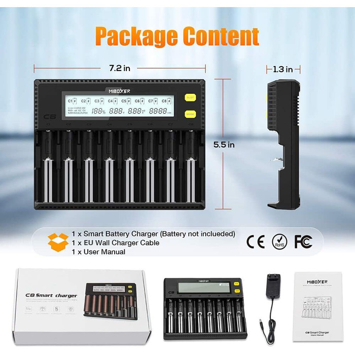 Зарядний пристрій для акумуляторів 18650 MiBOXER, 8 слотів, LCD дисплей, автоматична зарядка Li-Ion, LiFePO4, NI-MH, NI-Cd, AA, AAA, C, 21700, 26650, 13650, 16340, 18350, 18700, RCR123, C8
