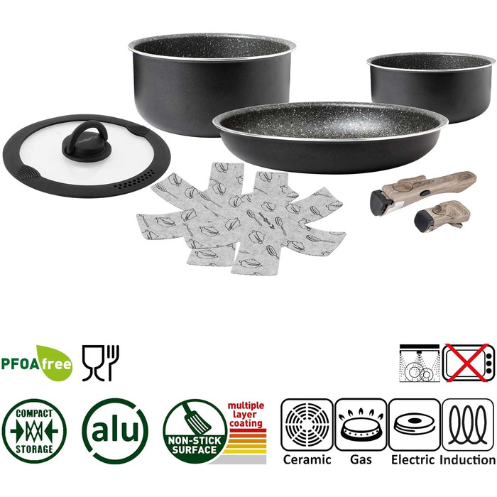 Набір посуду для кемпінгу BRUNNER з алюмінію (каструлі та сковорідки) - діаметр 20, 22, 24, 26 см, Pirate Vakublock, на 4 особи, з покриттям, легкий, високоякісний, стекується, 4+1 частина, міні діаметр 20 см (діаметр 26 см 5+2 частини)