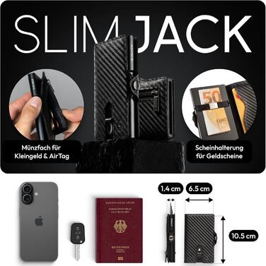 Slimjack Smart Wallet: RFID захист, алюмінієвий картхолдер для чоловіків (Carbon). Гаманець для карт та монет