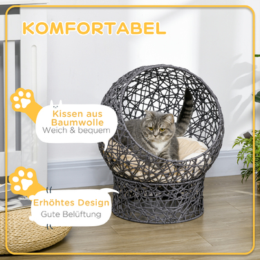 PawHut Корзина для кошек, домик для кошек с подушкой, 50 x 50 x 60 см, из полиэфирного шнура, цилиндрическое основание в фиолетовом и кремово-белом цветах, уютная кошачья лежанка