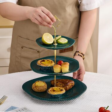 Керамічний триярусний підставка для капкейків, десертів та тортів - зелений