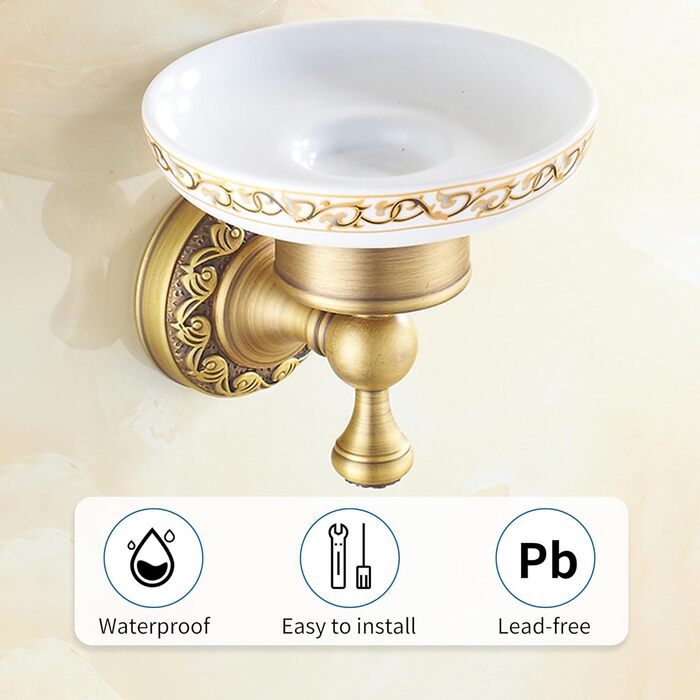 Brass toothbrush holder, antique bronze, cup holder with white ceramic cup, wall-mounted, bathroom accessory, patterned carved design (soap dish)