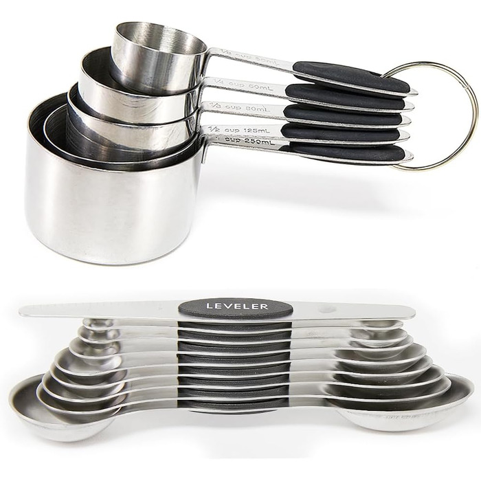 14-Piece Measuring Cup and Magnetic Measuring Spoon Set, Stainless Steel, 5 Measuring Cups with Silicone Handles, 8 Double-Sided Magnetic Measuring Spoons, and 1 Leveler (no duplicate specifications), Black