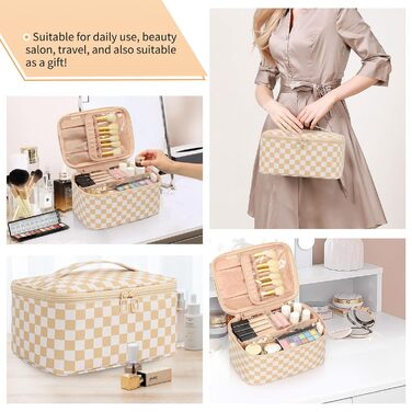 Косметичка для жінок, велика сумка для макіяжу, дорожня косметичка-вояж, косметична сумка для подорожей з ручкою та роздільниками (A-шахова, хакі)
