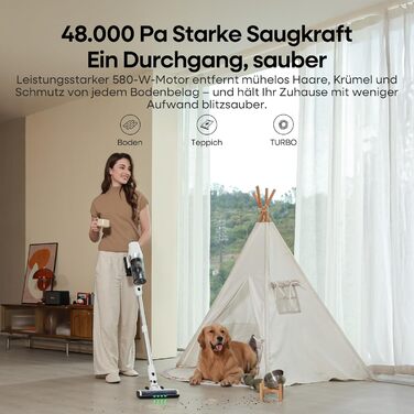 Акумуляторний пилосос ElecKeys 48000Pa/580W з LED-дисплеєм, антизаплутана щітка, 65 хвилин роботи, 7-шарова фільтрація, для твердих поверхонь, килимів та шерсті тварин, білий