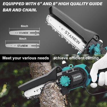 Міні-бензопила STANEW з 2 акумуляторами 2000mAh та зарядним пристроєм, 6 та 8 дюймів, 600W безщітковий двигун, для догляду за садом, обрізки дерев та роботи з деревом. Стандартна комплектація