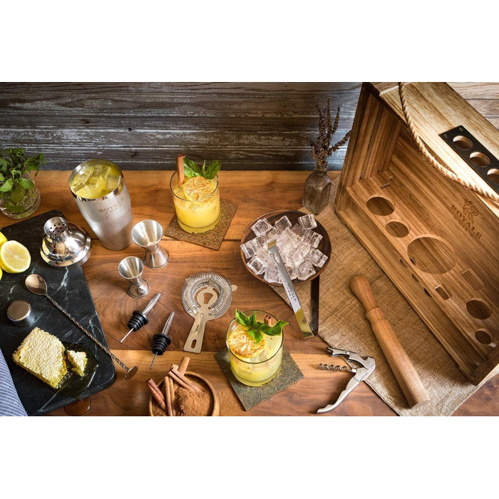 Набір бармена Mixology з підставкою та 25 рецептами коктейлів, сріблястий, в дерев'яній коробці - професійний набір для приготування коктейлів