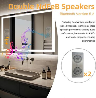 Дзеркало для ванної кімнати LUVODI з підсвічуванням Bluetooth: 100x70 см, годинник, температура, дата, антизапар, регулювання яскравості, 3 кольори світла, функція пам'яті, водонепроникне LED дзеркало для ванної кімнати