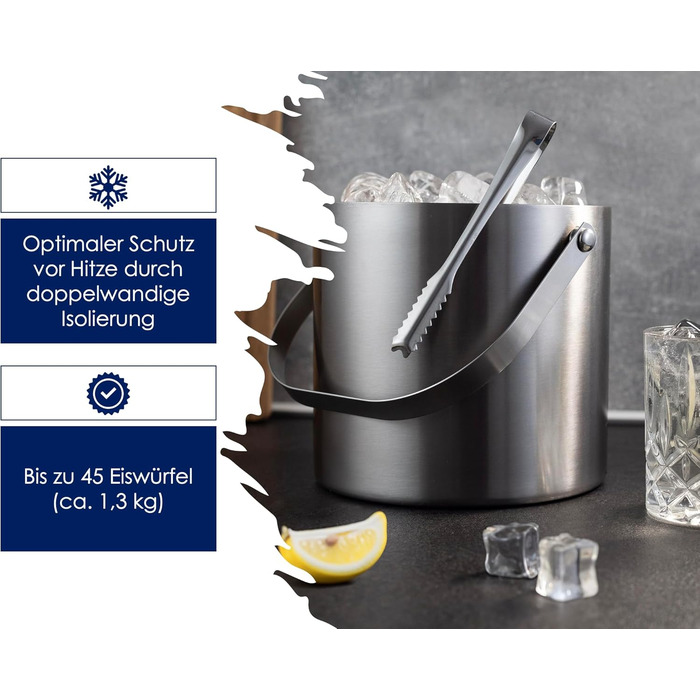 Hanseküche Large Ice Cube Container Ice Bucket 3L including Lid, Tongs, and Double Bottom - 304 Stainless Steel - Double-Walled Insulated - Very Long-Lasting Thermal Effect - Ideal for Keeping Drinks Cold for Extended Periods
