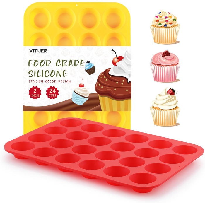 Silicone Mini-Muffin Tin, non-stick coated, 24 cavities, ideal for making muffins, cakes, tarts, bread, BPA-free, dishwasher safe, Red + Yellow, 2 pieces