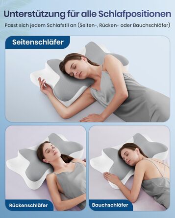 Подушка для шиї DONAMA з піни Memory Foam: ергономічна, з підлокітниками, охолоджуюча, 6 зон підтримки, для сну в будь-якій позі (сіро-біла, 66x37x13 см)