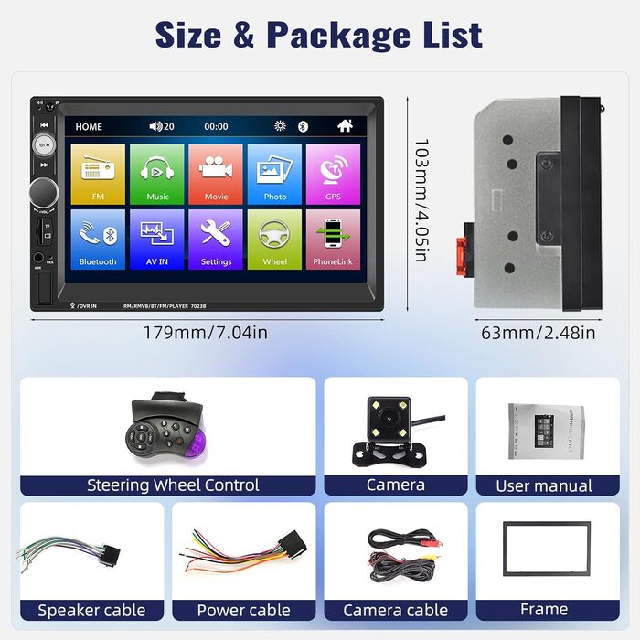 Автомагнітола CAMECHO 2 DIN з 7-дюймовим сенсорним екраном, Bluetooth, Mirror Link, FM-радіо, USB, AUX, керування з керма, 7 кольорів підсвітки, камера заднього виду, MP5