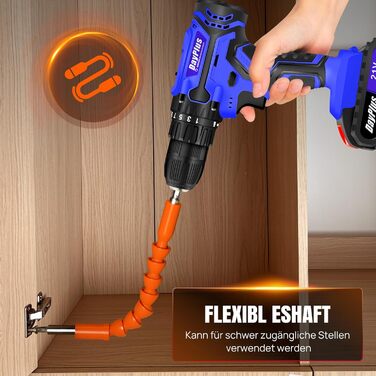 Акумуляторний шуруповерт 21V Set, білий: шуруповерт з акумулятором 1.5Ah, швидка зарядка, 45Nm, 25+1 ступінь, 2 швидкості, LED-ліхтар, набір з 26 аксесуарів для ремонту та DIY (шуруповерт + 2 акумулятори 1.5Ah (блакитні))