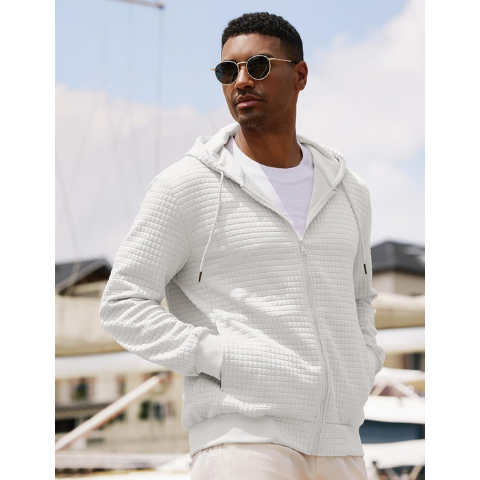 Світшот JMIERR чоловічий з капюшоном, світшот з довгим рукавом у вафельному стилі, повсякденна толстовка, світшот на блискавці з кишенями (білий, XL)