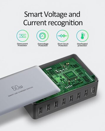 Зарядний пристрій USB 50W мережевий адаптер 8 портів для iPhone 15/14/13/12 Pro Max, iPad, Samsung, Google Pixel - Чорний