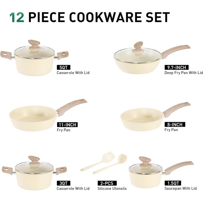 Набір посуду MAISON ARTS 12 предметів: каструлі та сковороди з антипригарним покриттям, гранітне покриття, для індукції, плити, бежевий