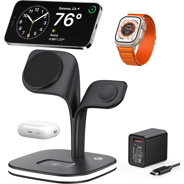 Зарядна станція 5-в-1 для iPhone, MagSafe, сумісна з iPhone 16/15/14/13/12, Apple Watch та AirPods (Чорний)