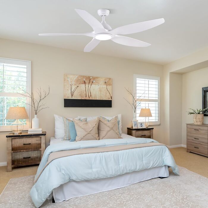 Стеляний вентилятор Newday 153 см, білий з підсвіткою та пультом керування. Безшумний вентилятор-лампа з 5 лопатями, DC мотор, реверсивний, з функцією пам'яті та плавним регулюванням яскравості світла.