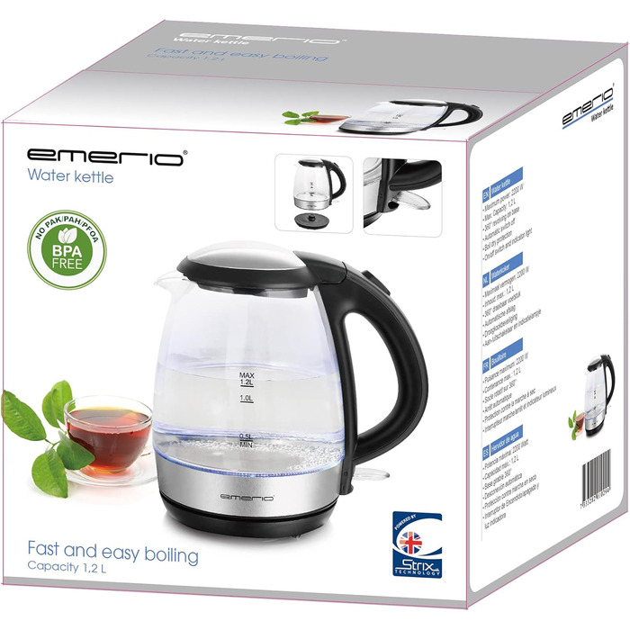 Електричний чайник EMERIO з об'ємом 1.7 л, 2200 Вт, синя LED-підсвітка, 360° підставка, скло Borosilikat, без BPA, WK-119988.7