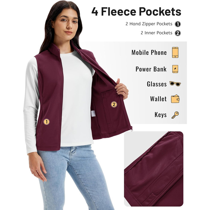 TACVASEN жіноча флісова жилетка для активного відпочинку, без рукавів, тепла жилетка з кишенями на блискавці, спортивна жилетка для жінок, колір: бордовий