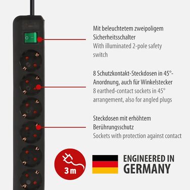 Бренненштуль Eco-Line, мережевий фільтр 8 розеток з вимикачем та захистом від дотику (3м, чорний)
