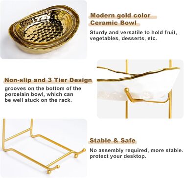 Керамічна фруктова миска для кухонного столу, 3-ярусна, з металевим підставкою, розсортована полиця для стільниці, сучасна миска для подачі їжі на вечірку, десерти, овочі, закуски, невелика