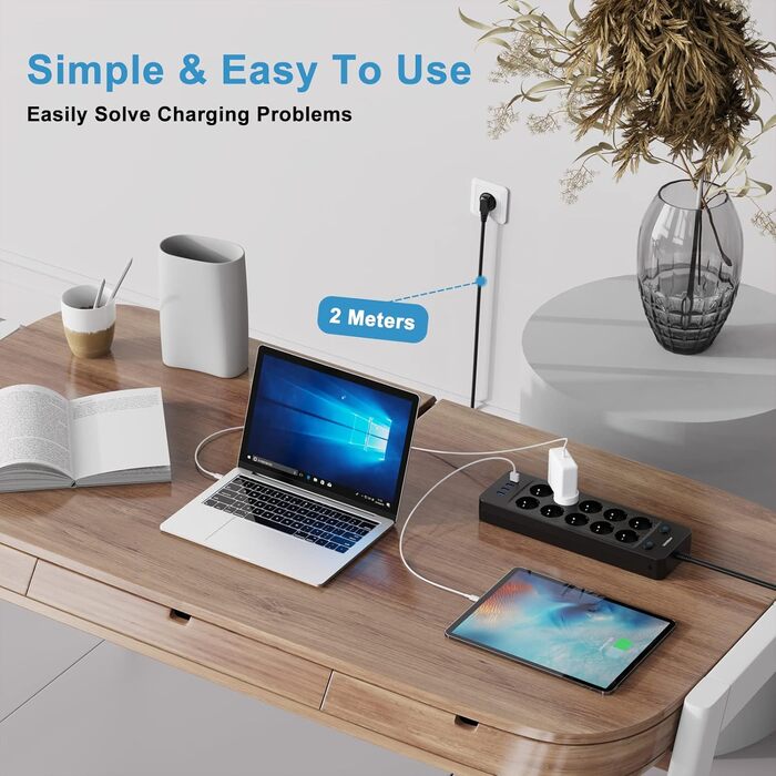 Мережевий фільтр NVEESHOX з 10 розеток, 3 USB-A та 1 USB-C (20W PD), з індивідуальними вимикачами, захист від перенапруги, 2м, для дому та офісу (Чорний)
