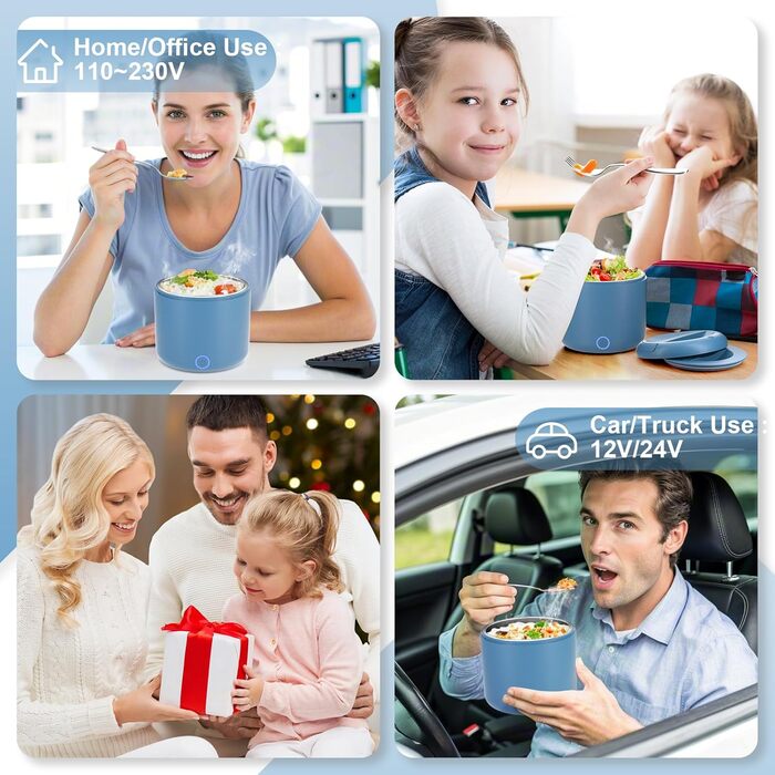 Електрична ланчбокс 80W для дорослих з термоізоляцією, нержавіюча сталь, набір виделки та ложки, 2 контейнери по 1.5л, 3-в-1, 12/24/110~230V, витокозахисний, для авто, вантажівки, офісу (блакитний 1.2л, євро-штекер)