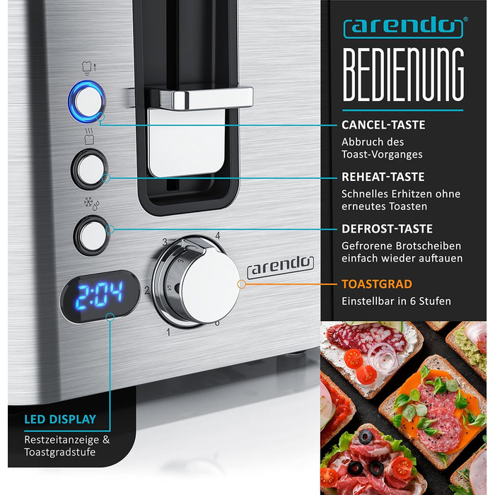 Тостер Arendo з нержавіючої сталі, 4 слоти, підігрів, підставка для бургерів, 1400 Вт, лоток для крихт, дисплей з таймером, сріблястий