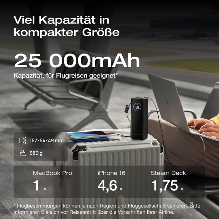 EcoFlow Powerbank 25000mAh 170W: портативний зарядний пристрій з вбудованим кабелем 100W USB-C для ноутбуків та смартфонів (iPhone, MacBook, Samsung), чорний