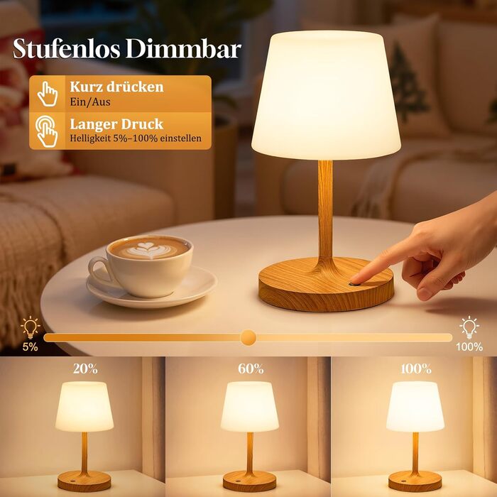 Світлодіодна настільна лампа бездротова з сенсорним керуванням, акумуляторна, з регулюванням яскравості та функцією пам'яті для спальні, кафе, вулиці, з імітацією текстури дерева