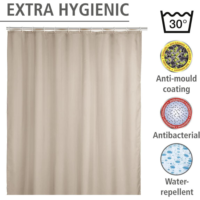 Штора для душу WENKO Anti-Schimmel, текстильна, антигрибкова, водонепроникна, з кільцями, 180x200 см, бежева