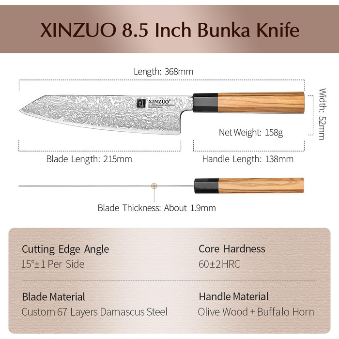 Японський ніж Kiritsuke XINZUO з дамаської сталі, 21.5 см, Gyuto, ручка з оливкового дерева та чорного рогу буйвола, ручна робота, з піхвою