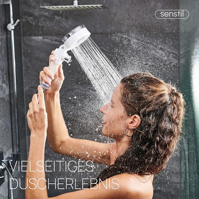 senstil® Premium Shower Head with Hose | Up to 60% Water-Saving Handheld Shower | 3 Spray Modes | SPA, Rain Shower, Booster | Optimal Water Pressure, Smart-Stop Button Saves Water & Energy (White)