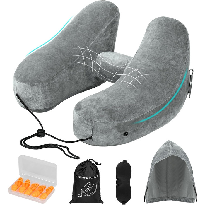 Подушка для шиї в літак надувна, подушка-літачок, подушка для дорослих з підголовником, капелюх, сумка, маска для сну, навушники для подорожей, авто, офіс (сіра)