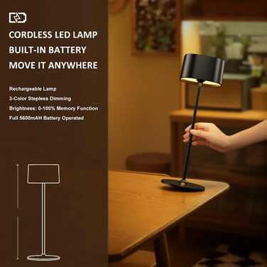 Акумуляторний LED настільний світильник з димером, 2 шт. Бездротовий сенсорний світильник USB-C, металевий, водонепроникний (IP54), 5600mAh, 5W, чорний