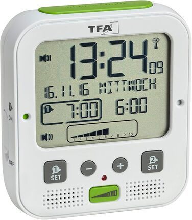TFA Dostmann Boom Funkwecker, Loud with Vibration Alarm, Snooze Function, Adjustable Volume and Brightness, Automatic Night Light, White, L 110 x W 65 x H 122 mm