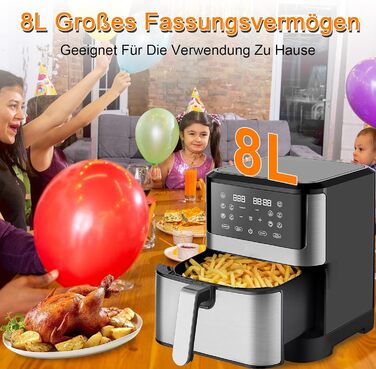 Фритюрниця повітряна XXL 8 літрів | 10-в-1 Airfryer | Розумна фритюрниця | Без олії | Цифровий LED-дисплей | 1500W | Чорний