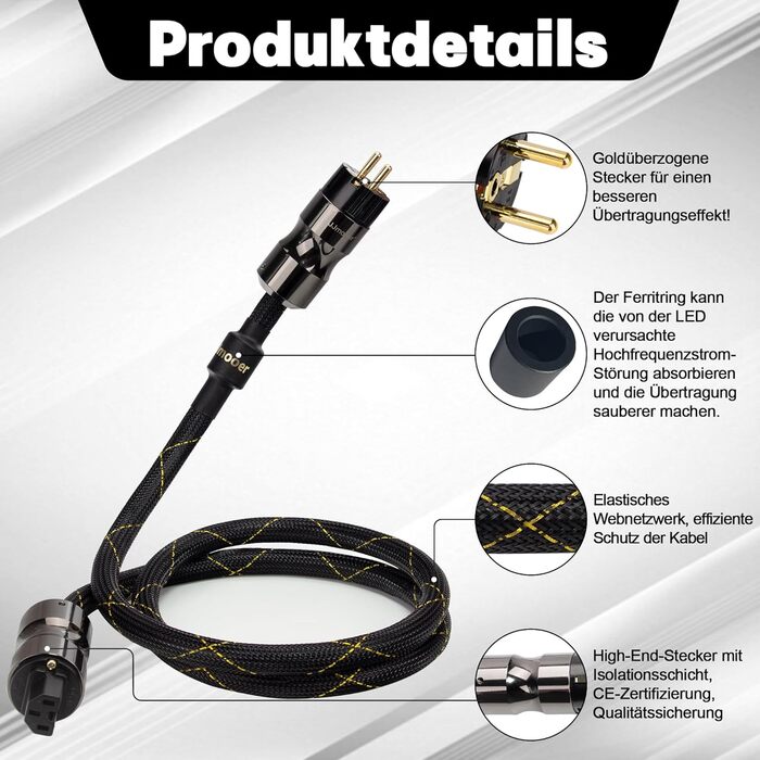 Hi-Fi мережевий кабель живлення 10AWG з феритним кільцем, безкисневий мідний кабель для аудіосистем High-End, 1.5м, чорний