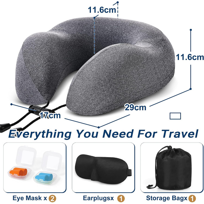 Подушка для подорожей Kobete з ефектом пам'яті (Memory Foam) для шиї в літак, авто та потяг, сіра — набір з 3D-маскою для сну, берушами та сумкою