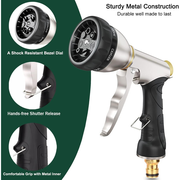 FANHAO Metal Garden Handheld Shower Head, High-Quality and Robust, 7-Function Garden Spray Gun for Garden, Car Washing, and Home Use, Multifunctional Watering Nozzle