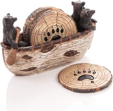 Bear Coasters Set of 6 Rustic Full Size Coasters in Handmade Canoe with Adorable Black Bear Figurines
