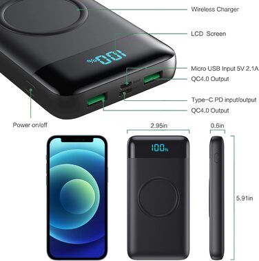 Power Bank 26800mAh з бездротовою зарядкою 15W, 25W PD3.0+QC4.0, 4 виходи USB-C, LCD дисплей, чорний Q2