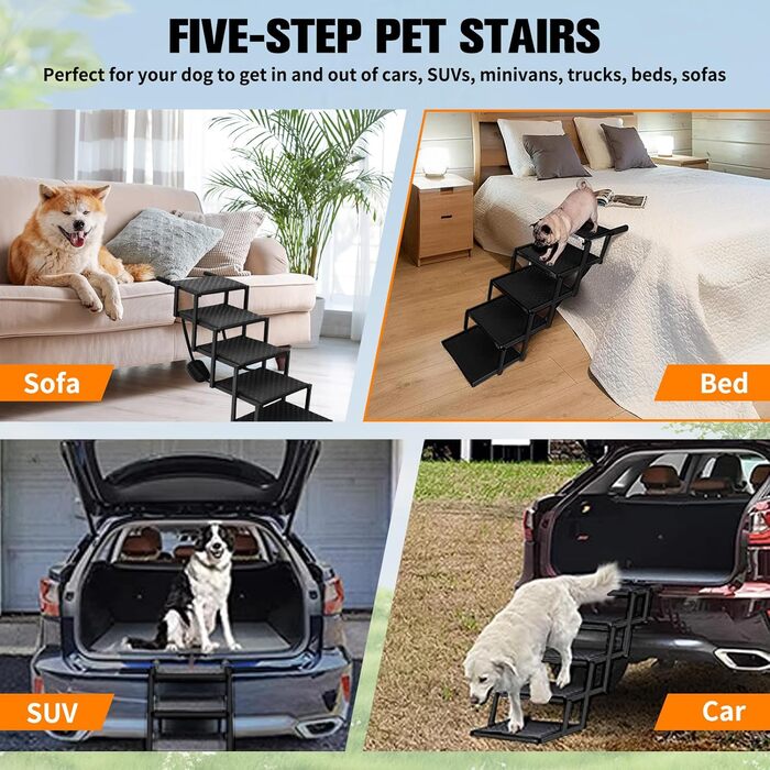 Сходинки для собак на 5 сходинок, розкладні – пандус для собак, витримує до 100 кг, регульована висота 44-72 см, щадна для суглобів, антиковзка, для маленьких, середніх та великих собак