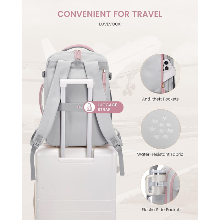 LOVEVOOK Рюкзак для ручної поклажі 40L, сіро-рожевий, для ноутбука 17.3