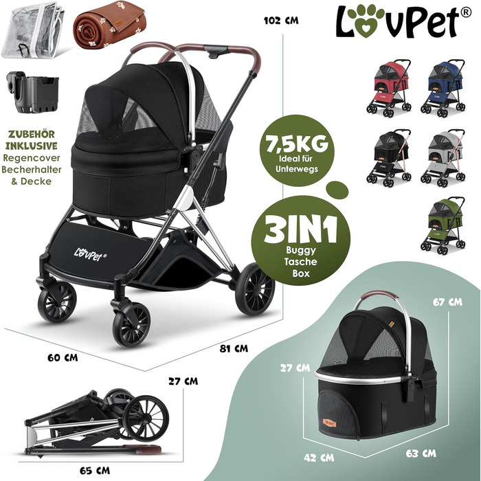 Візок для собак 3в1: візок-переноска, сумка-переноска, візок-коляска. Максимальне навантаження 20 кг. Складаний, з великими колесами, сітковими віконцями, дощовиком, тримачем для напоїв та м'якою ковдрою. Підходить для собак та котів (чорний/срібний)